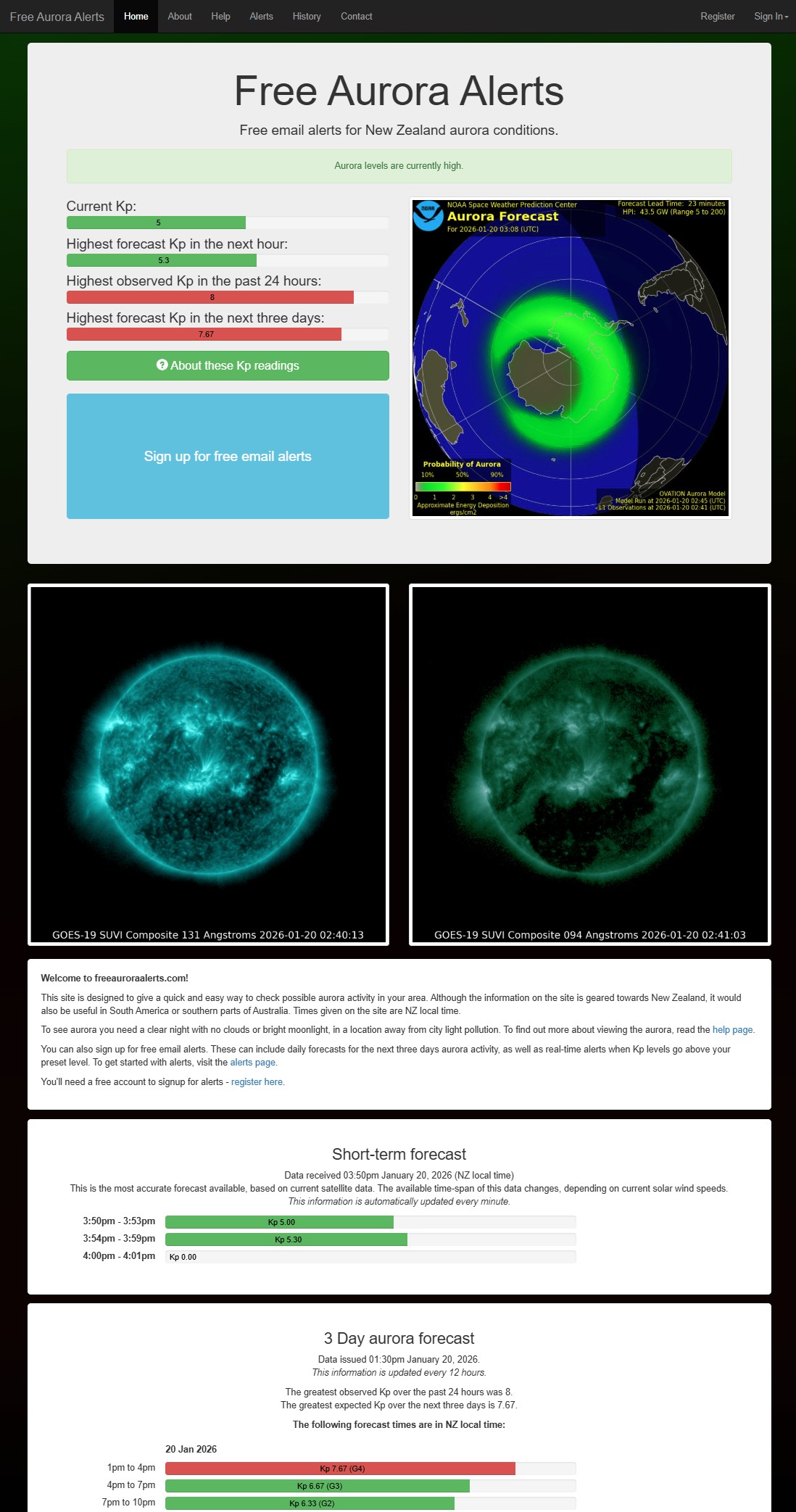 Screenshot of Free Aurora Alerts in operation